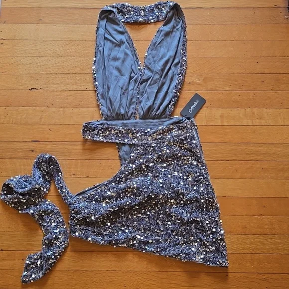 NWT, Alglist, Sequin, Cut-Out, Halter, Mini Dress, Silver, Women's S - Picture 6 of 16